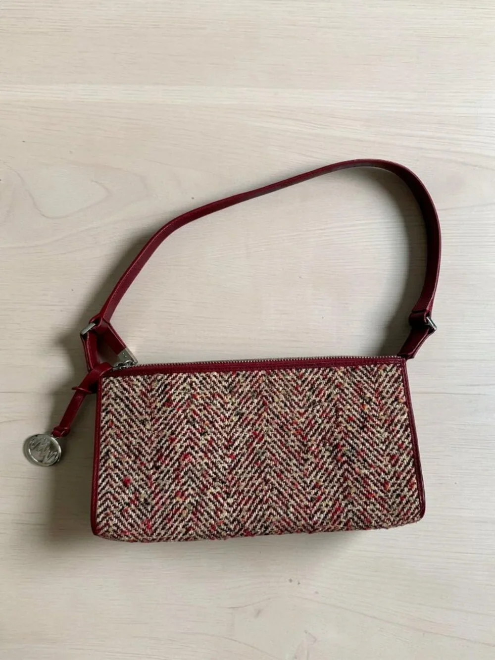 MONSAC Red Boucle Fabric Leather Shoulder Bag